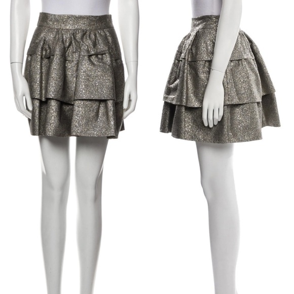 Diane von Furstenberg- Silver Gold Ruffle Embellished Tiered Mini Skirt Size 6 - Picture 1 of 6
